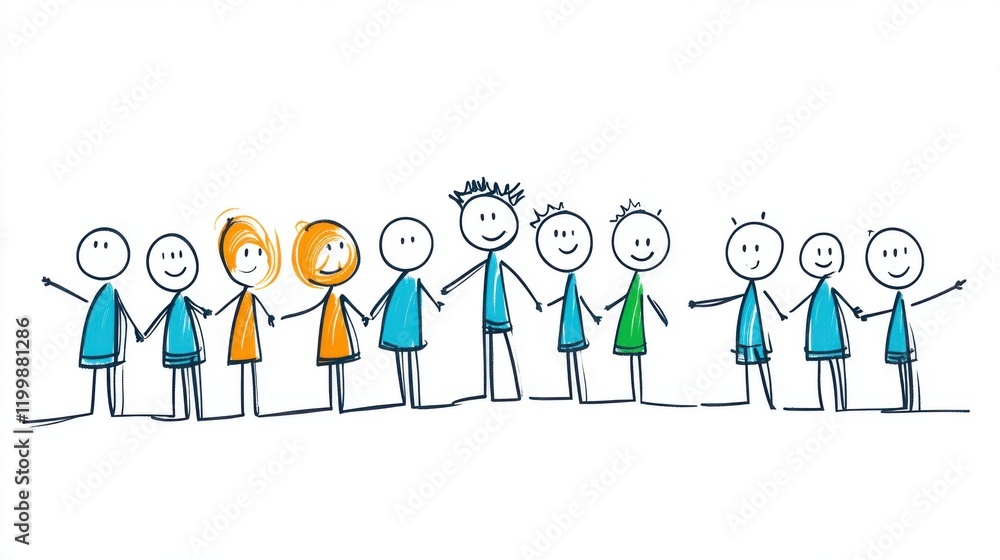 Happy Stick Figures Holding Hands in a Colorful Representation of Friendship and Togetherness Happy Stick Figures Holding Hands in a Colorful Representation of Friendship and Togetherness