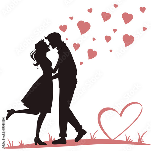 Romantic Silhouette of a Kissing Couple with Hearts