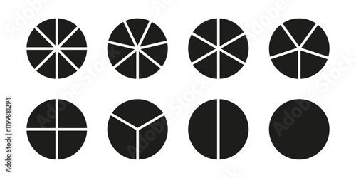 Circle division on 1, 2, 3, 4, 5, 6, 7, 8 equal parts. Set of infographic minimalist icons. Coaching blank mockup. Pie, pizza chart layout. Wheel round divided diagrams from one to eight segments.