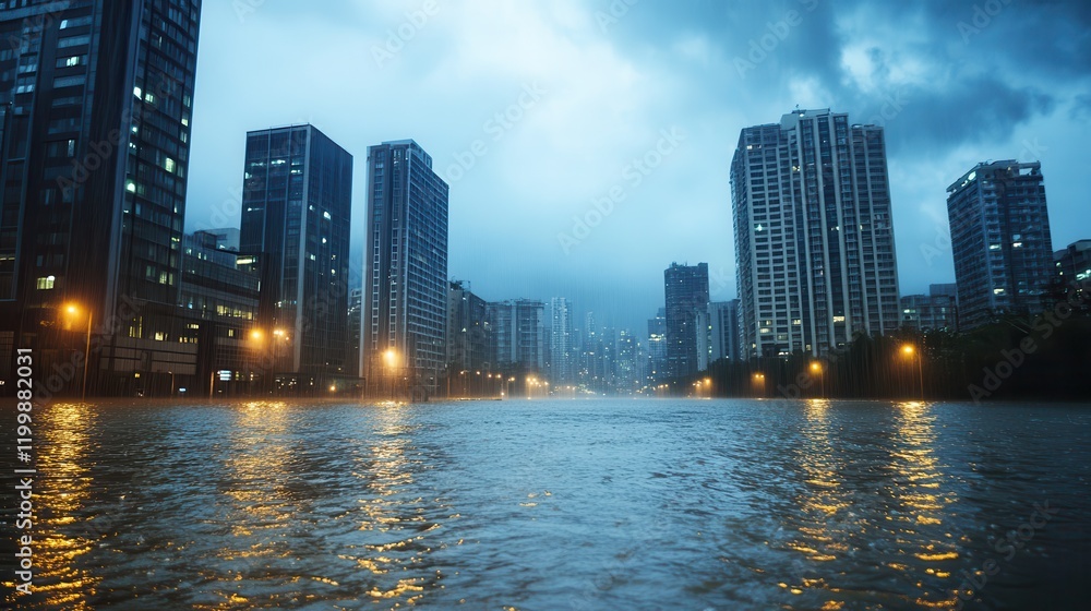 Obraz premium Hurricane Devastation Flooded Urban Street Cityscape Photo Dark Atmosphere Aerial View Natural Disaster
