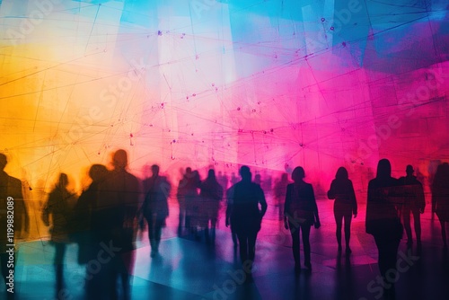 Silhouettes of people in a colorful space