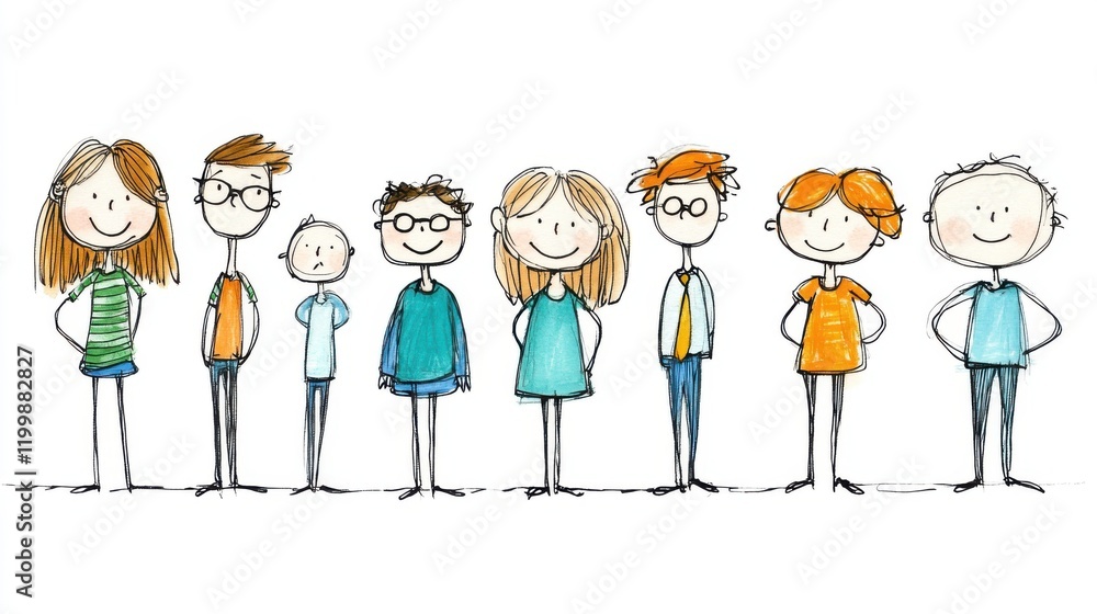 Diverse group of happy cartoon characters standing together with cheerful expressions in a colorful illustration