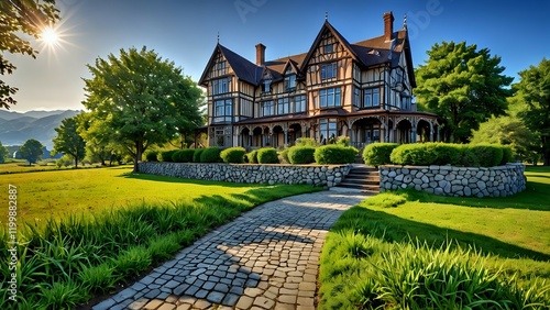 Majestic Tudor-style mansion on a sprawling green lawn, bathed in golden sunlight. Cobblestone pathway leads to the grand entrance.