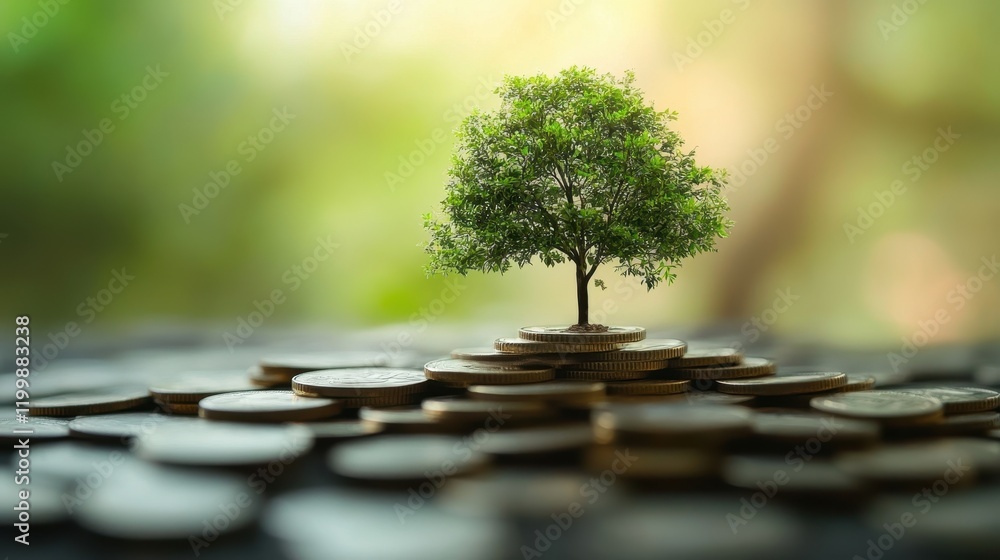 Tree Growing on Stacks of Coins in Soft Focus Tree Growing on Stacks of Coins in Soft Focus