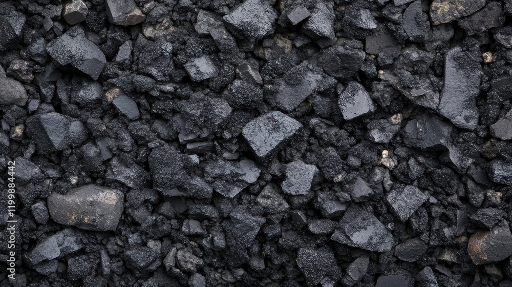 Close-up view of black coal pieces scattered on a surface, showcasing texture and mineral variety Close-up view of black coal pieces scattered on a surface, showcasing texture and mineral variety