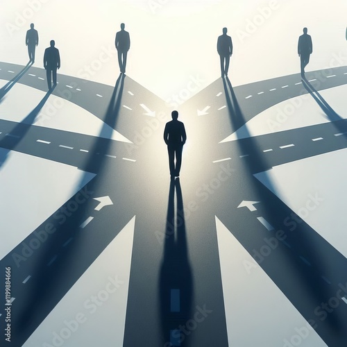 Visual A person standing at a crossroads with each path leading
