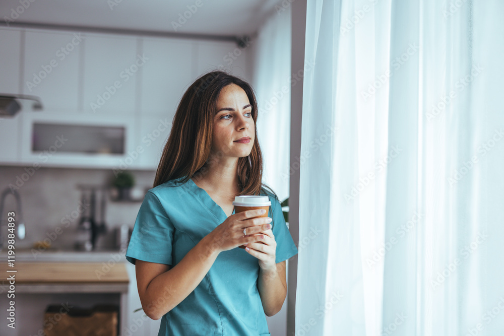 Nurse Enjoying Relaxing Coffee Break by the Window at Home Nurse Enjoying Relaxing Coffee Break by the Window at Home