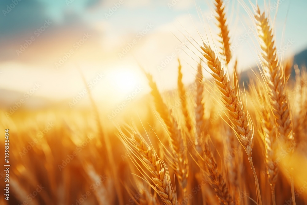 A picturesque view of a wheat field at sunrise, with warm orange and pink tones casting a glow over the landscape A picturesque view of a wheat field at sunrise, with warm orange and pink tones casting a glow over the landscape