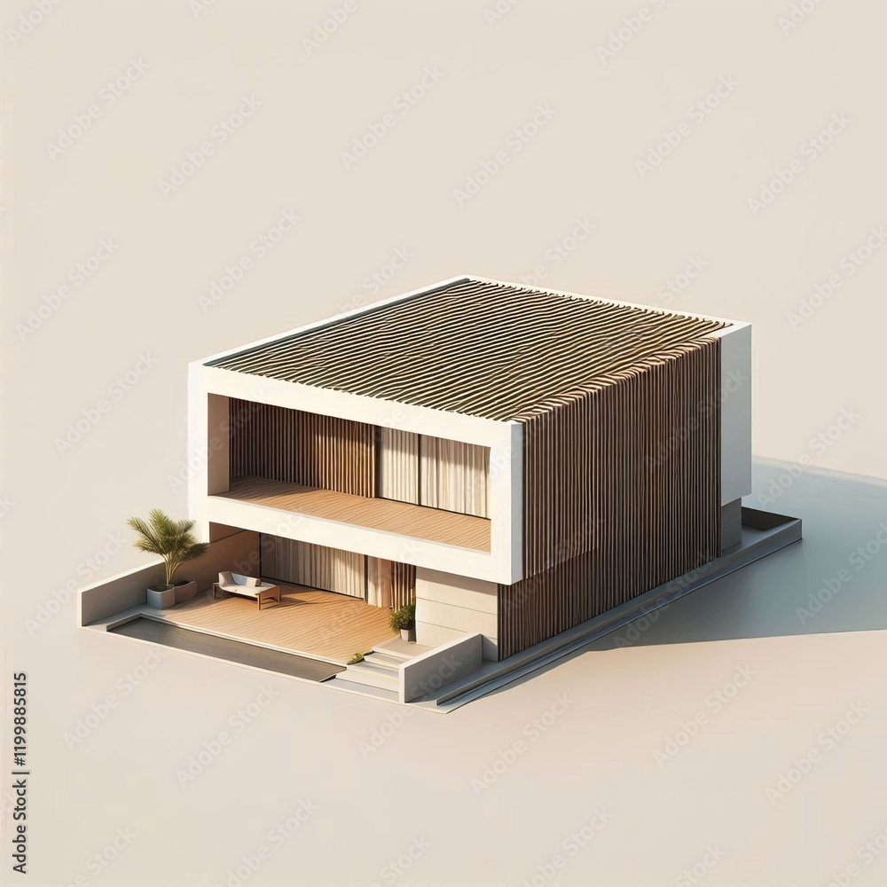 A minimalist house with horizontal stripes on the roof A minimalist house with horizontal stripes on the roof