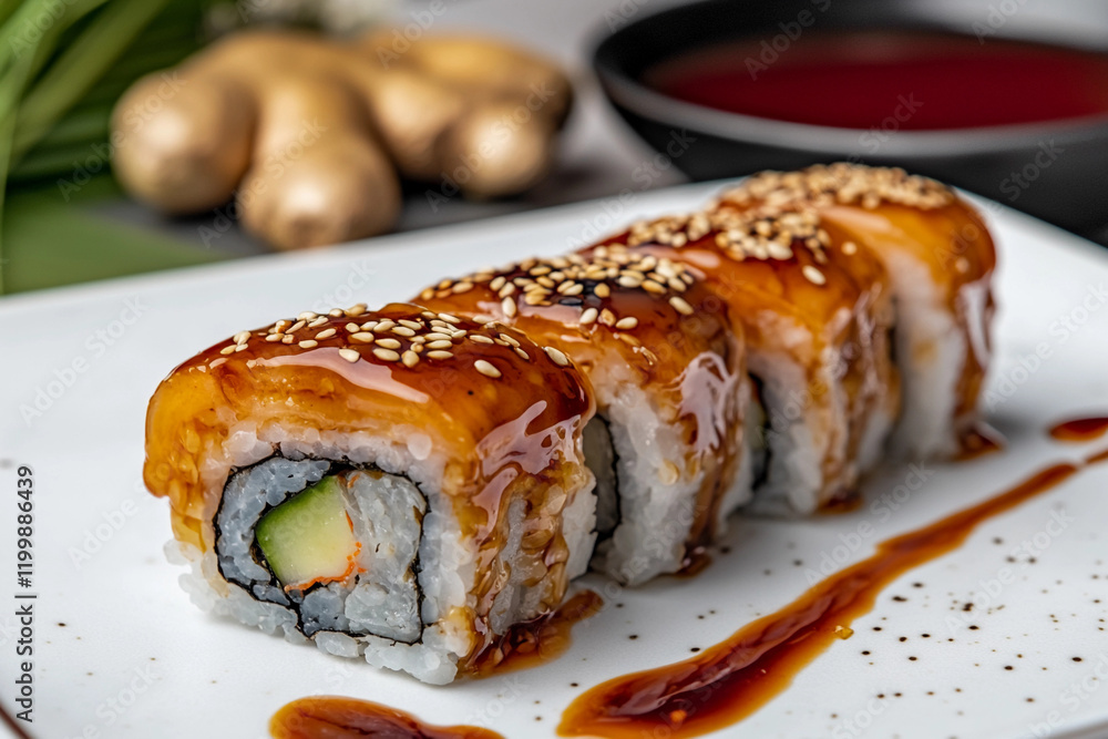 Sushi roll topped with sweet sauce and sesame seeds on a plate with ginger and dipping sauce in the background Sushi roll topped with sweet sauce and sesame seeds on a plate with ginger and dipping sauce in the background