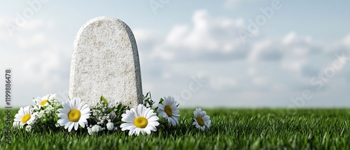 Simple headstone with daisies in grassy field under a cloudy sky.