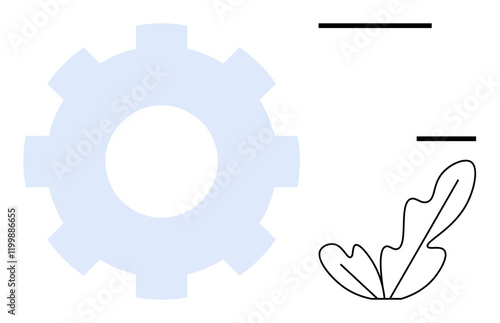 Gear cog and veined leaf with two straight lines. Ideal for technology, nature, innovation, balance, engineering, simplicity, eco-friendliness. Representing harmony between nature and machinery in