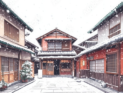 A simplified artistic rendering of traditional wooden houses under light snowfall, clear and modern composition, vivid and contrasting colors like crimson and teal photo