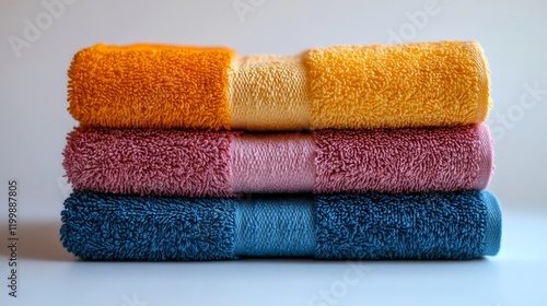 Stack of Colorful, Soft Bath Towels Orange, Yellow, Pink, and Blue Terrycloth