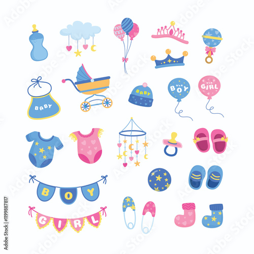 Cute Baby Shower Items Illustration Featuring Clothing, Toys, and Accessories Collection Hand Drawn Flat Style