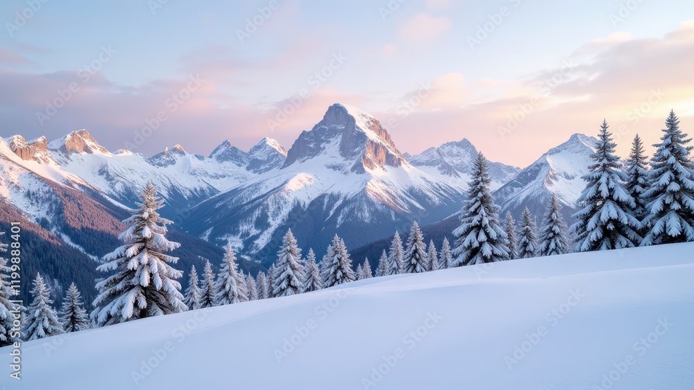Fototapeta premium Breathtaking panorama of a snow-draped mountain range framed by snowy pines to the right, set against an expansive outdoor backdrop
