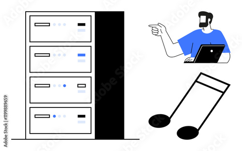 Network server racks, a person with a laptop pointing, and a music note highlight technological connectivity. Ideal for IT management, data storage, tech support, cloud computing, digital