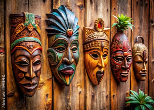 Authentic hand-carved wooden masks add global style and ancient charm to your walls; unique, intricate tribal art. photo