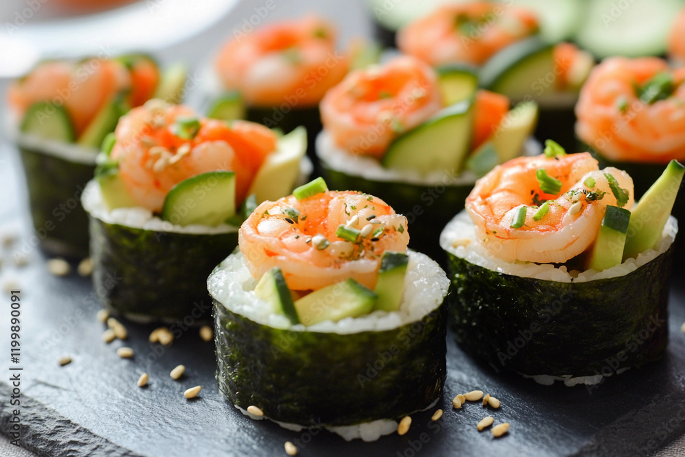 Fresh sushi rolls featuring shrimp and cucumber on a slate platter at a cozy dining setting Fresh sushi rolls featuring shrimp and cucumber on a slate platter at a cozy dining setting