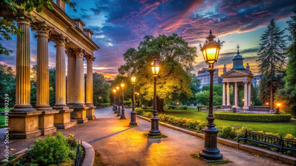 Fototapeta premium Blue sky graces a vintage park; majestic columns and antique lanterns frame the evening scene.