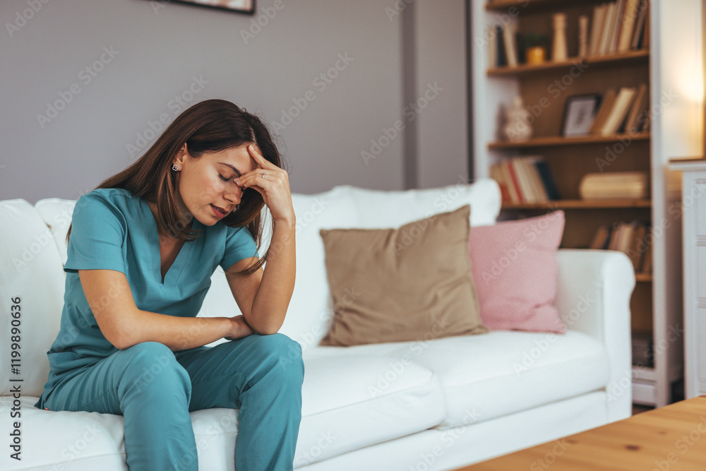 Tired Medical Professional Resting on a Comfy Sofa at Home Tired Medical Professional Resting on a Comfy Sofa at Home