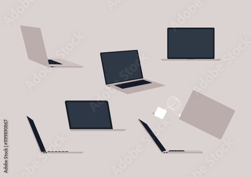 Arranged elegantly, this collection displays laptops captured from different angles, emphasizing sleek designs and modern aesthetics in a contemporary setting