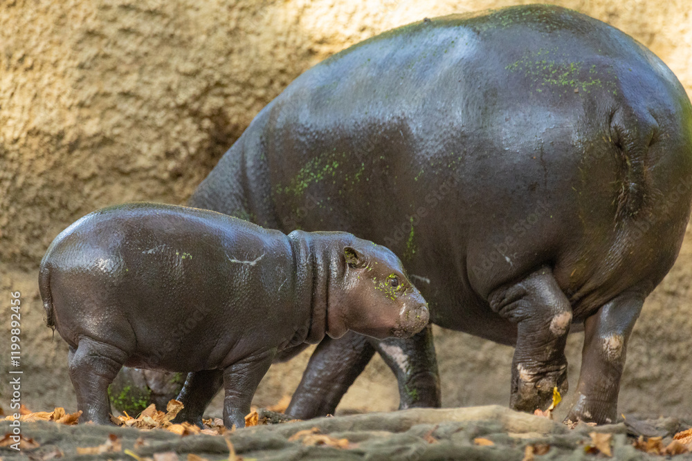 Pygmy hippopotamus Choeropsis liberiensis with mother Pygmy hippopotamus Choeropsis liberiensis with mother