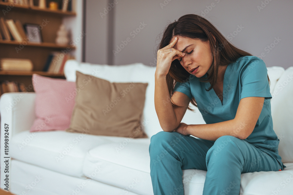 Exhausted Healthcare Worker Sitting on Couch in Stressful Moment Exhausted Healthcare Worker Sitting on Couch in Stressful Moment