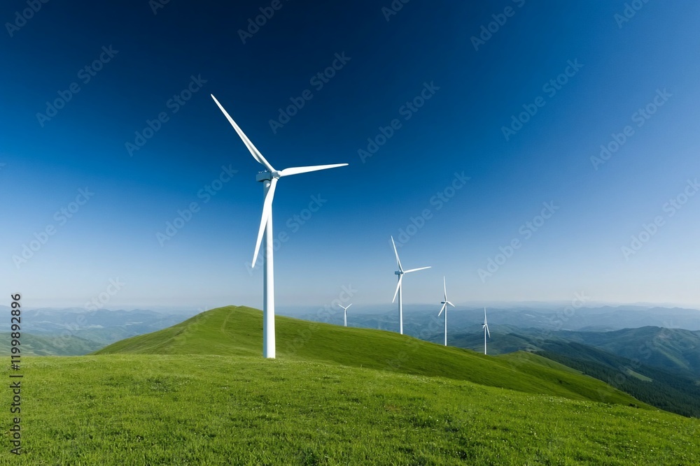 Wind turbines on a green hilltop under a clear blue sky. Wind turbines on a green hilltop under a clear blue sky.