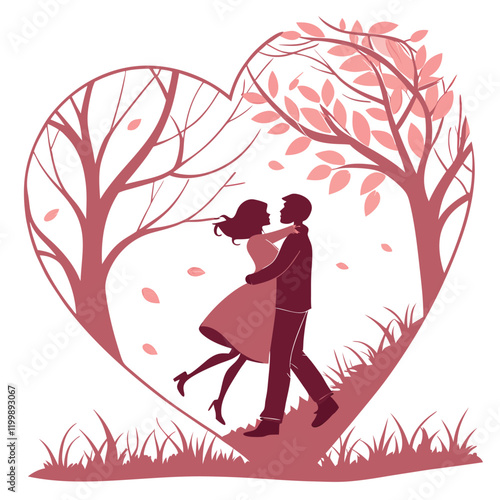 Romantic Silhouette of a Kissing Couple with Hearts