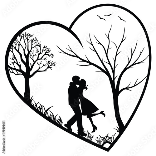 Romantic Silhouette of a Kissing Couple with Hearts