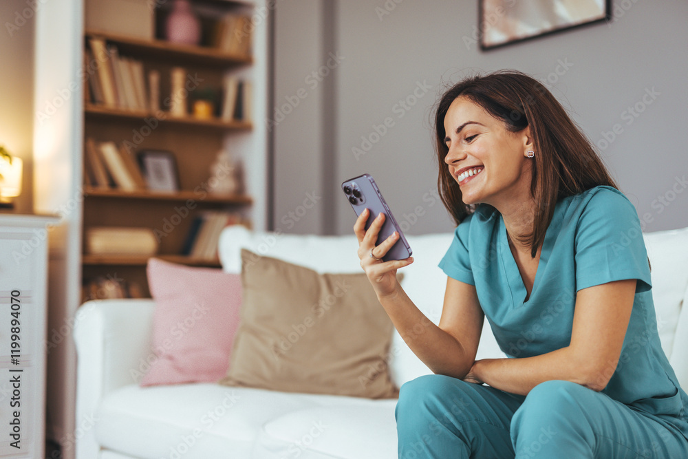 Smiling Woman Relaxing on Sofa Using Smartphone for Video Call Smiling Woman Relaxing on Sofa Using Smartphone for Video Call