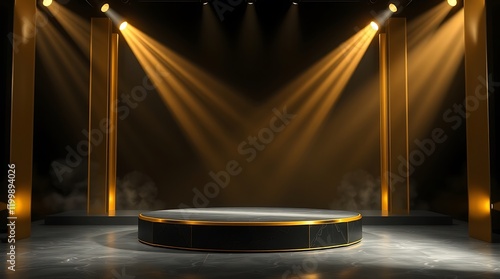 Empty black gold 3d podium stage background with geometric presentation platform luxury pedestal or golden product stand display and premium round cosmetic mockup advertising scene on dark backdrop
 photo