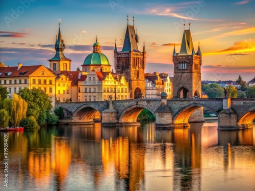Historic Prague: Charles Bridge's graceful arches reflect in the Vltava River.