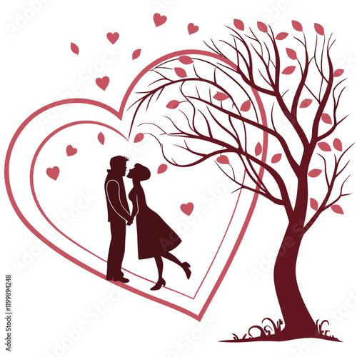 Romantic Silhouette of a Kissing Couple with Hearts