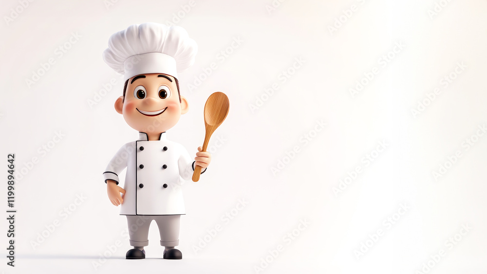 Cheerful cartoon chef in traditional white uniform and hat holding wooden spoon, standing against light background. Perfect for culinary arts, cooking services, and restaurant branding. Copy space Cheerful cartoon chef in traditional white uniform and hat holding wooden spoon, standing against light background. Perfect for culinary arts, cooking services, and restaurant branding. Copy space