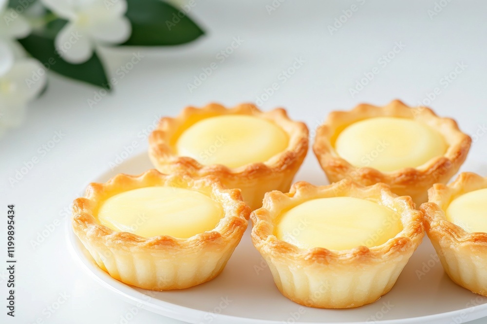 Delight in each flaky bite of freshly baked egg tarts on a sunny afternoon Delight in each flaky bite of freshly baked egg tarts on a sunny afternoon