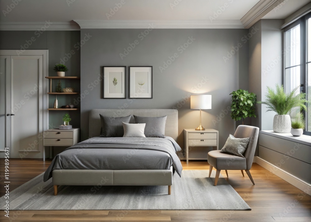 Modern gray bedroom: minimalist style creates a calm, cozy, and simple space. Modern gray bedroom: minimalist style creates a calm, cozy, and simple space.