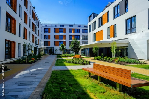 Modern apartment complex courtyard with benches