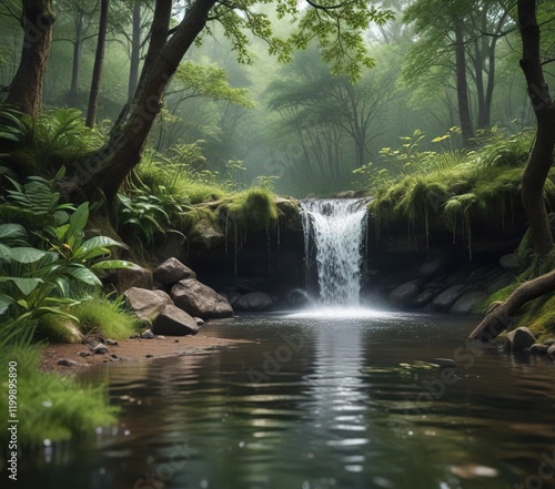A small waterfall cascading into a forest pond during spring rain , greenery, reflection