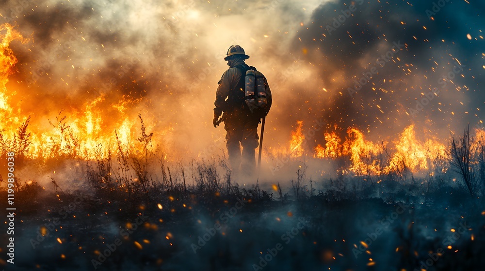 Heroic Firefighter Confronting Raging Wildfire Engulfing the Forest Heroic Firefighter Confronting Raging Wildfire Engulfing the Forest