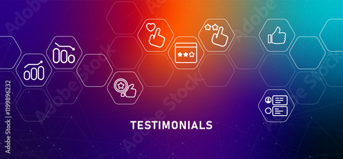 Testimonials gradient header customer opinion ratings client user evaluation customer reviews feedback complaint design concept with icon