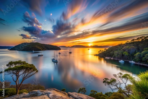 Serene Ku-ring-gai sunset timelapse. Minimalist 4K photography captures Pittwater's golden hour. photo