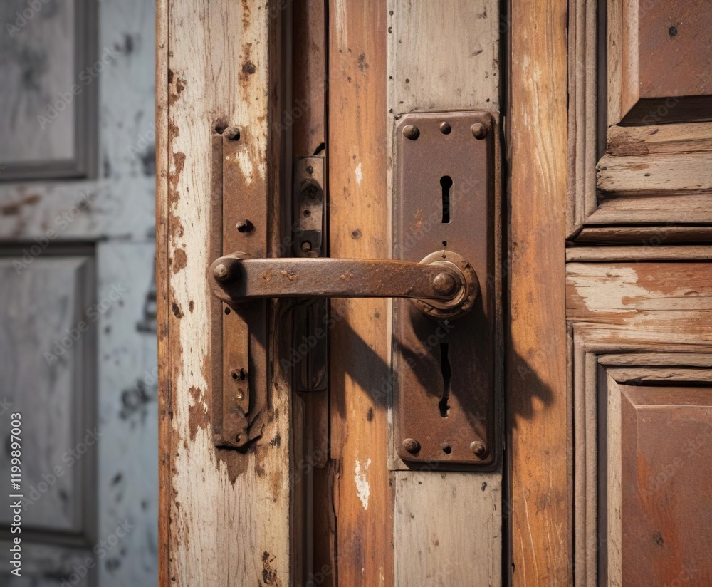 A worn and rusty door handle with a broken latch, worn, overgrown, neglect A worn and rusty door handle with a broken latch, worn, overgrown, neglect