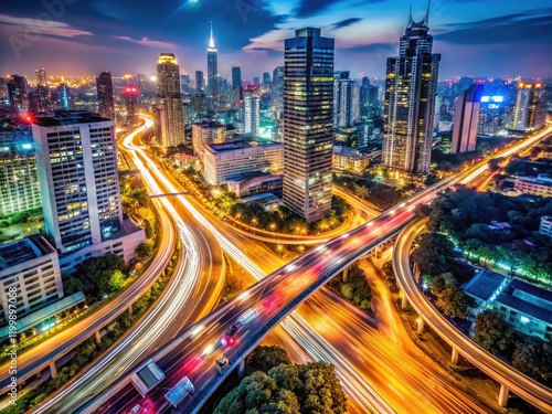 Sky-piercing skyscrapers, highways ablaze with light trails, a breathtaking aerial view of nocturnal Night City.
