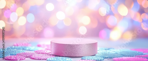 Aesthetic background, empty podium Mockup surrounded by lilac glitter. ambient light. Bokeh background