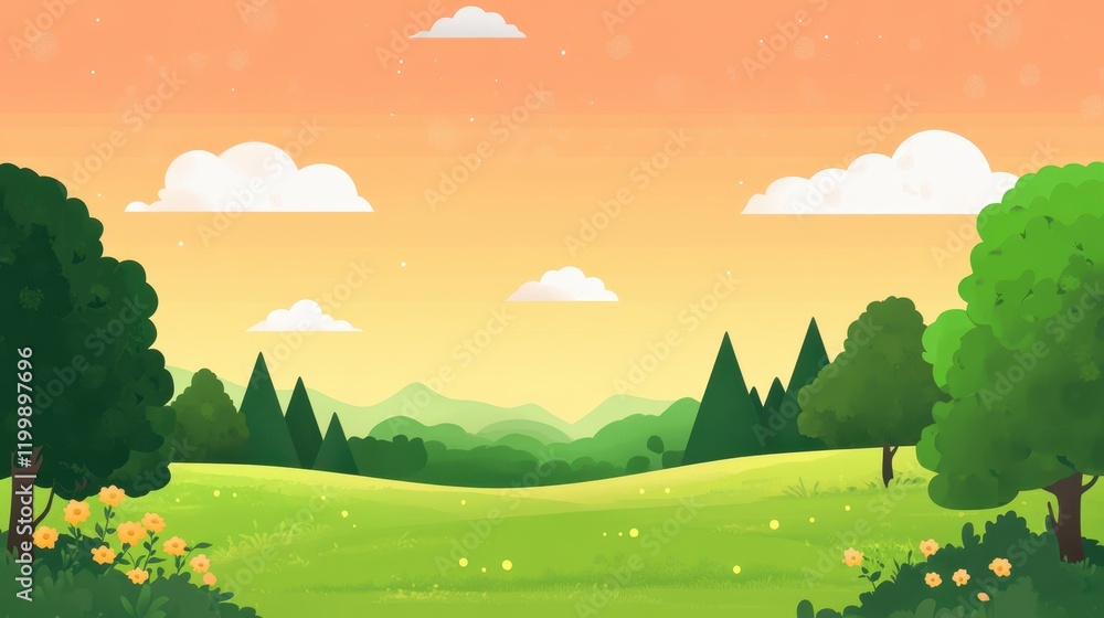 Serene Sunset Landscape With Green Trees And Meadow Serene Sunset Landscape With Green Trees And Meadow