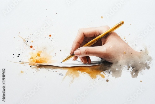 A soft watercolor painting of a writer hand composing a letter on parchment, with gentle blends of gold, brown, and cream tones photo