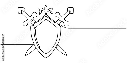 Equipment line icon. Medieval icon. Medieval icon isolated on white background. Transparent background, minimalist symbol. Vector continuous one line drawing, Heraldic shield cross Axe crest. Medieval