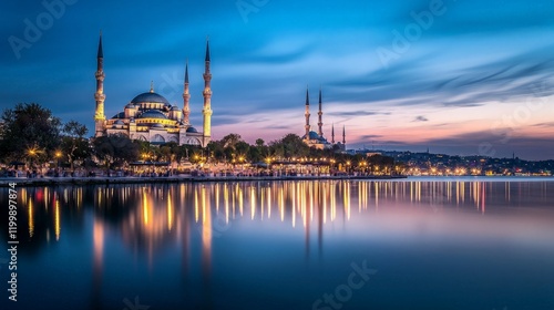 Istanbul Mosque twilight reflection, city skyline.